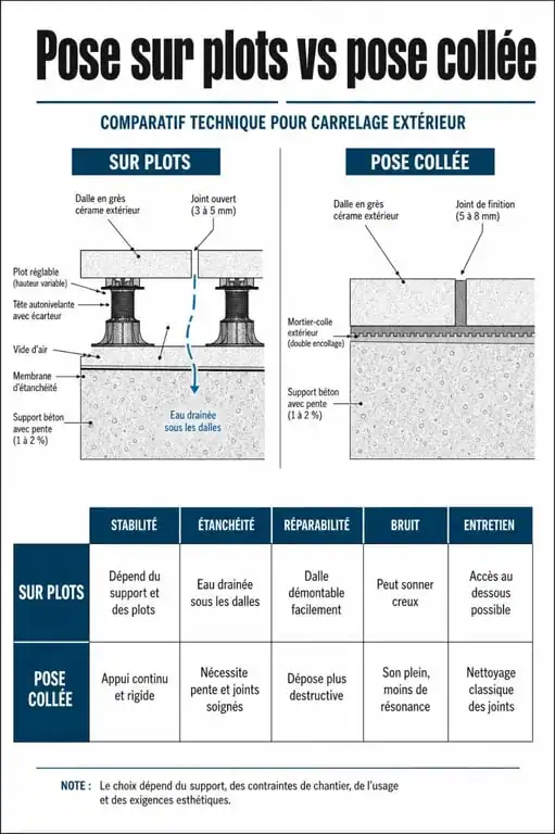 Tableau comparatif des avantages et inconvénients du carrelage sur plots par rapport à la pose collée