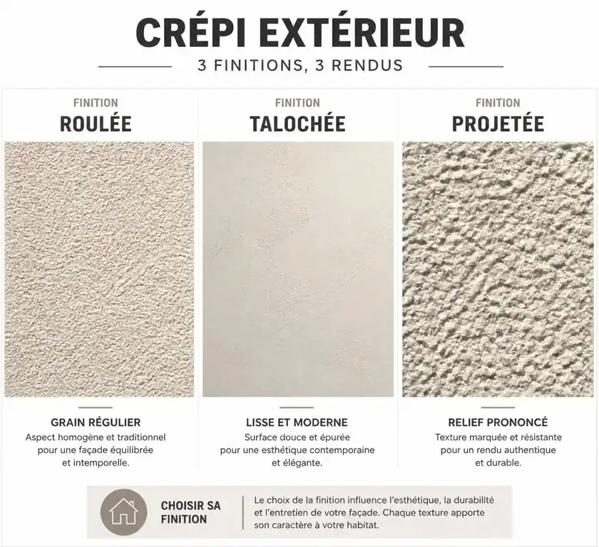 Comparaison des textures de crépi pour muret extérieur : finition roulée, talochée et projetée