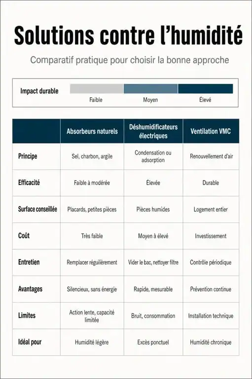 Tableau comparatif des solutions pour déshumidifier une pièce : méthodes naturelles, électriques et ventilation