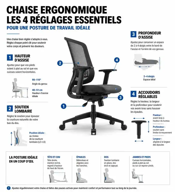 Schéma des réglages d'une chaise ergonomique pour une posture de travail optimale en 2025