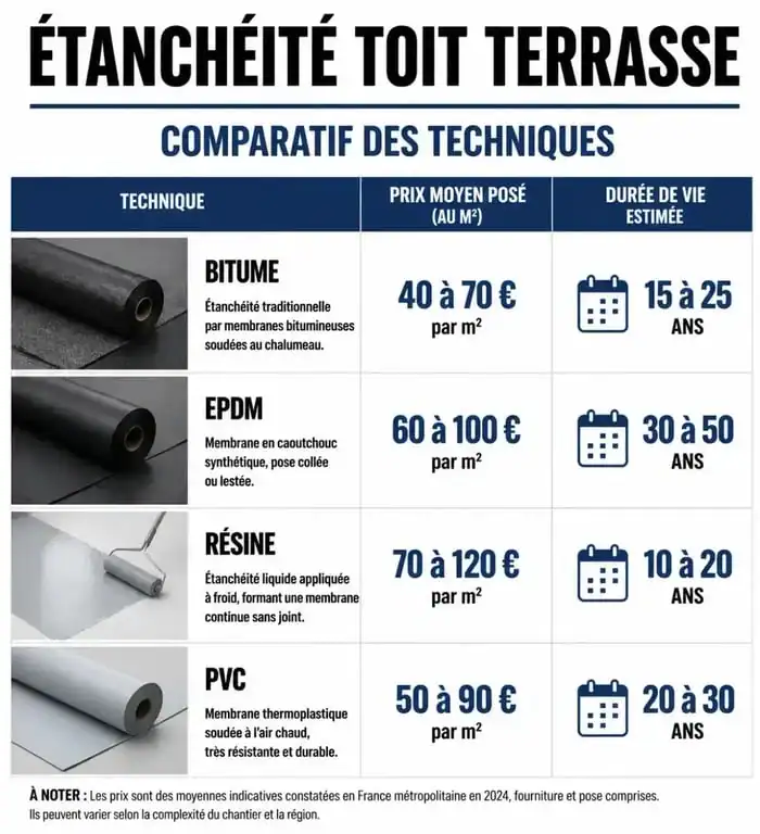 Comparatif des prix au m2 et durée de vie pour l'étanchéité toit terrasse