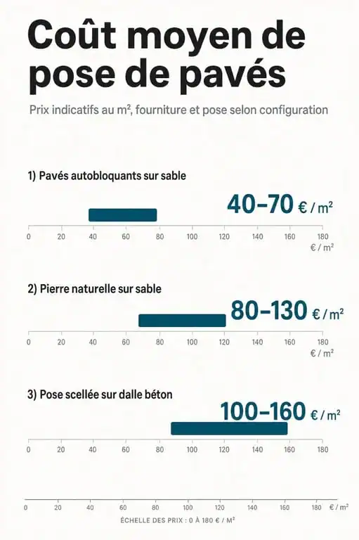 Infographie comparative des prix au m2 pour la pose de pavés selon le matériau et la technique