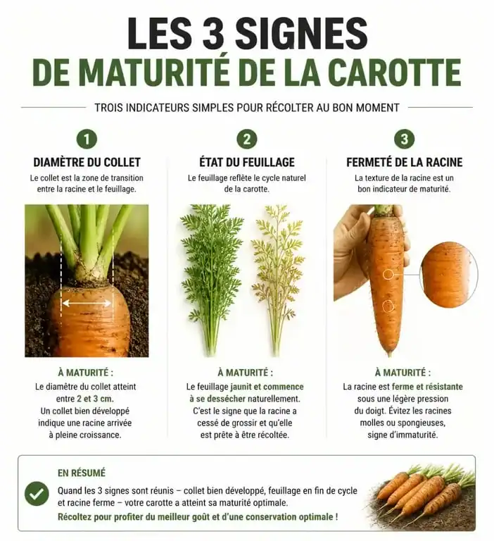 Infographie illustrant les signes de maturité pour savoir quand récolter les carottes au potager