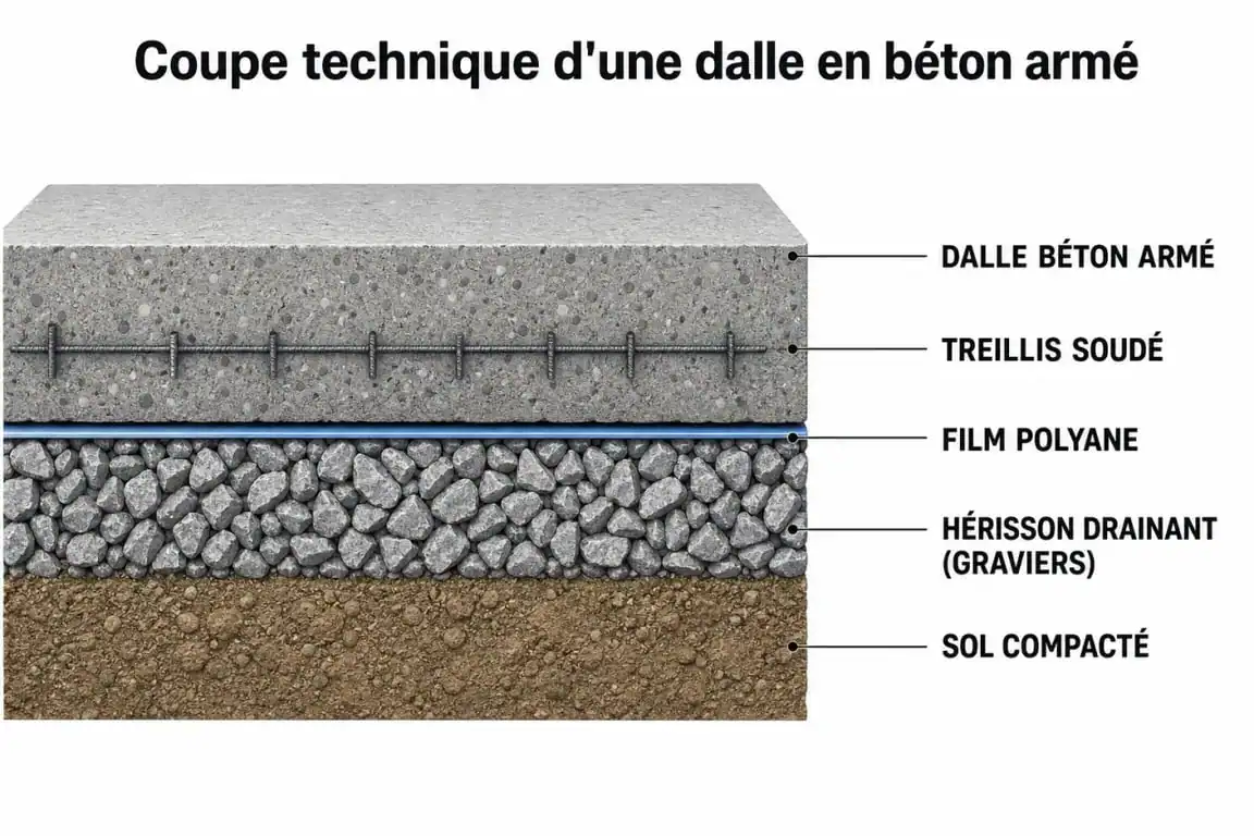 Schéma en coupe d'une dalle en béton armé