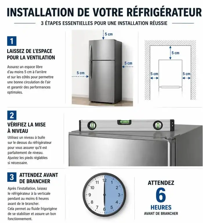 Schéma illustrant les étapes clés pour une installation de frigo réussie : ventilation, mise à niveau et temps d'attente.