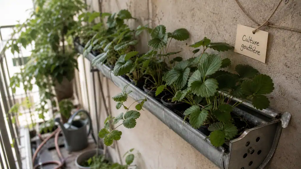 Fraisier dans gouttière : trous de drainage 6 mm et plants remontants