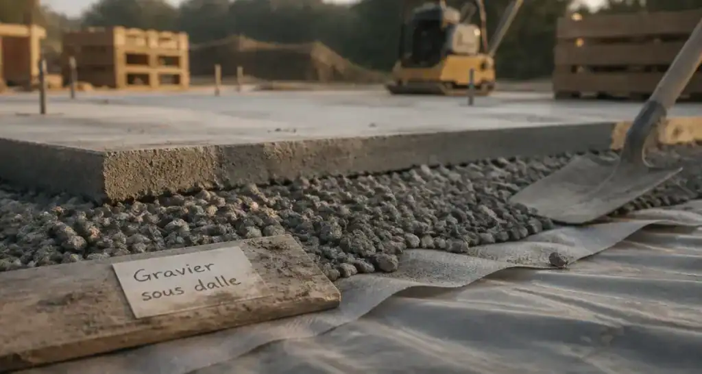 Gravier sous dalle 20/40 ou 0/31.5 avant coulage : géotextile et dalle béton