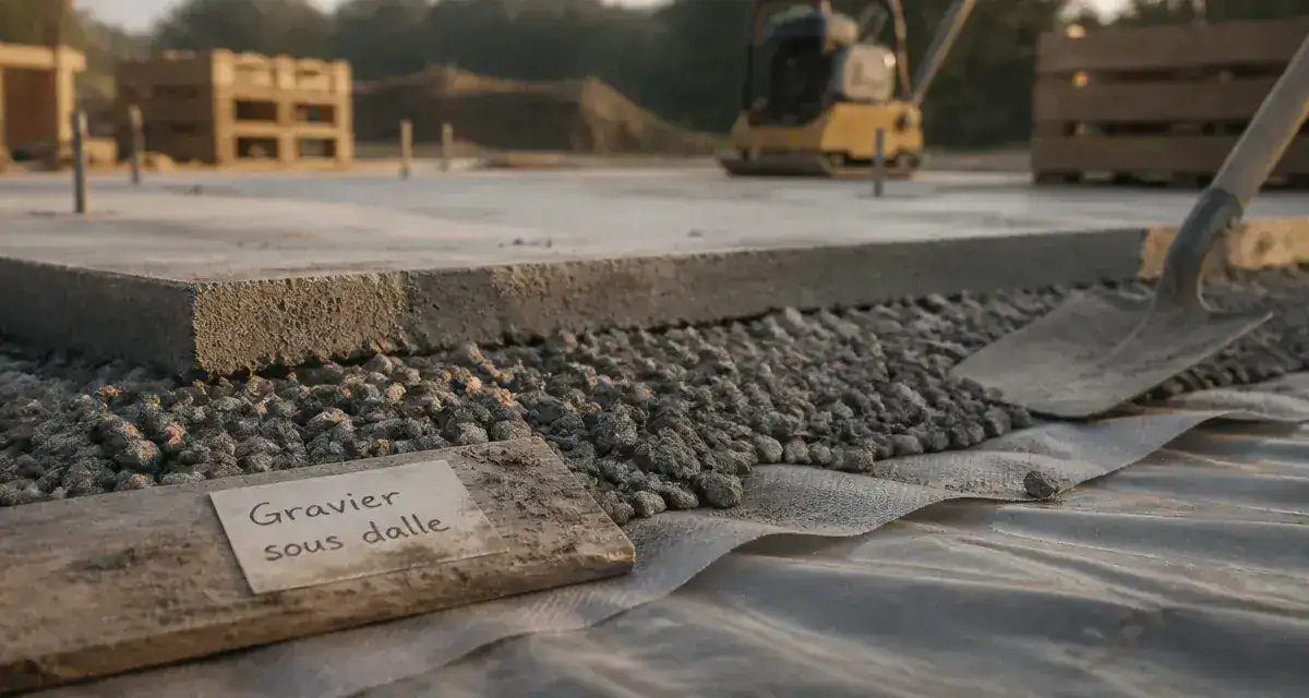 Gravier sous dalle 20/40 ou 0/31.5 avant coulage : géotextile et dalle béton
