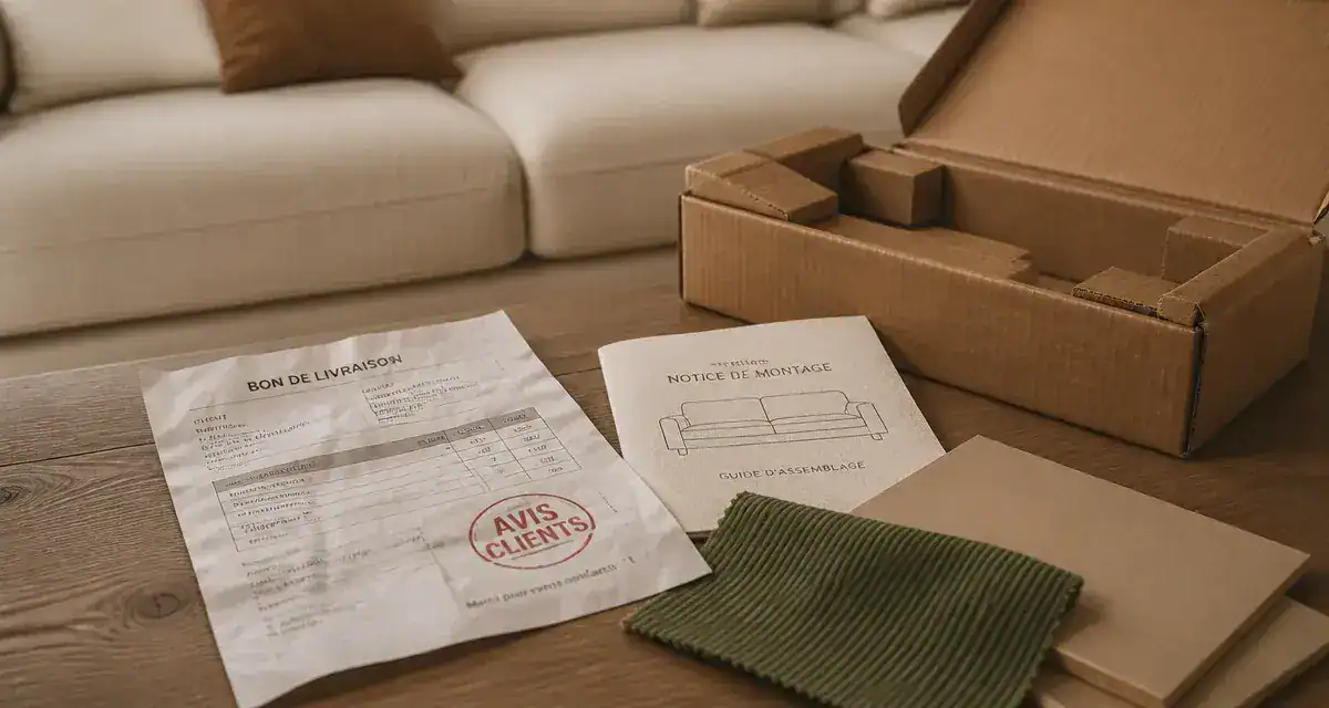 Homifab avis : carton et notice de livraison, échantillon tissu