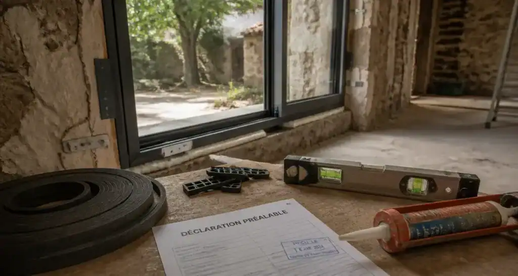 Installation baie vitrée en cours : pose et cales de niveau sur chantier
