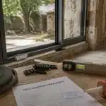 Installation baie vitrée en cours : pose et cales de niveau sur chantier