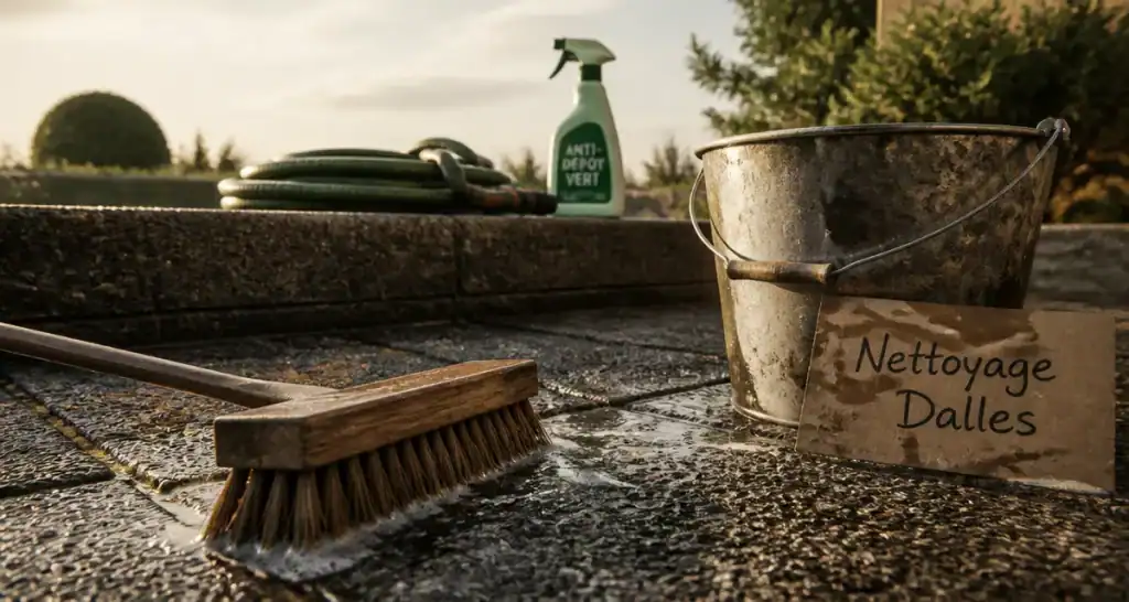Nettoyer des dalles gravillonnées noircies avec brosse et savon noir entre les joints
