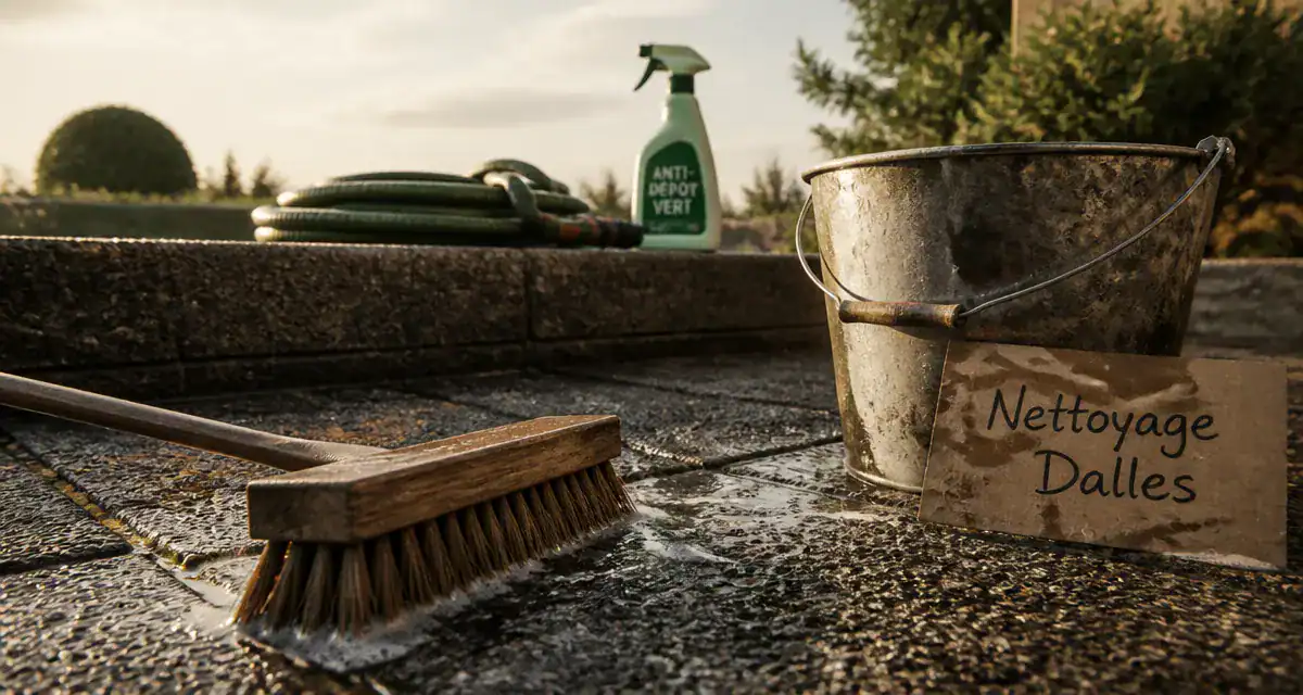 Nettoyer des dalles gravillonnées noircies avec brosse et savon noir entre les joints
