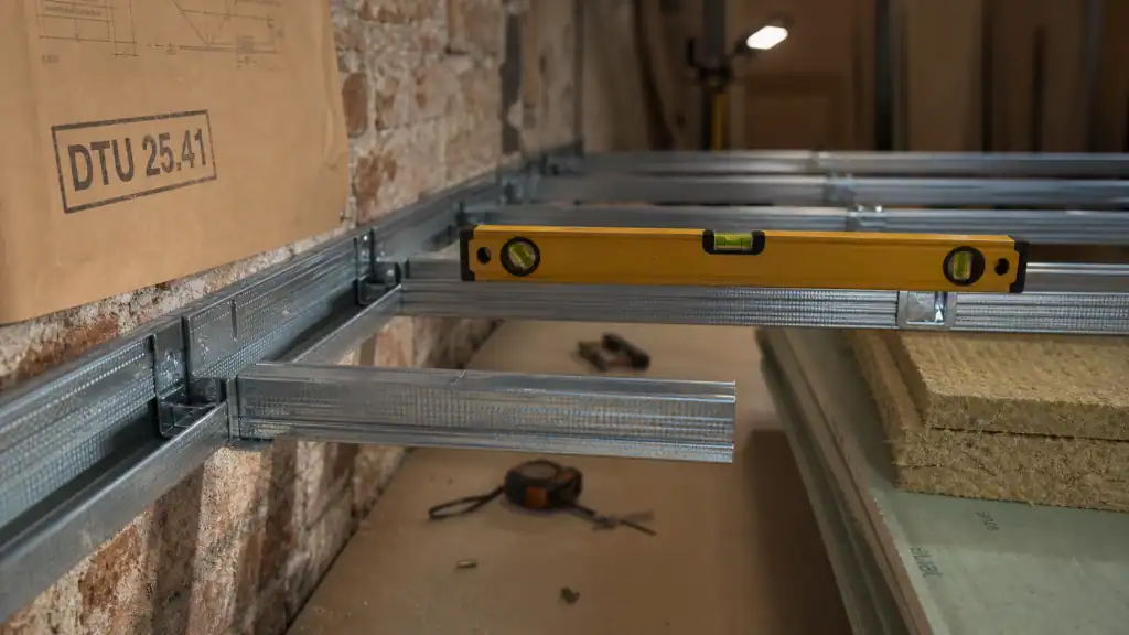 Plafond autoportant distance : montants M90, BA13 et laine, sans fléchissement