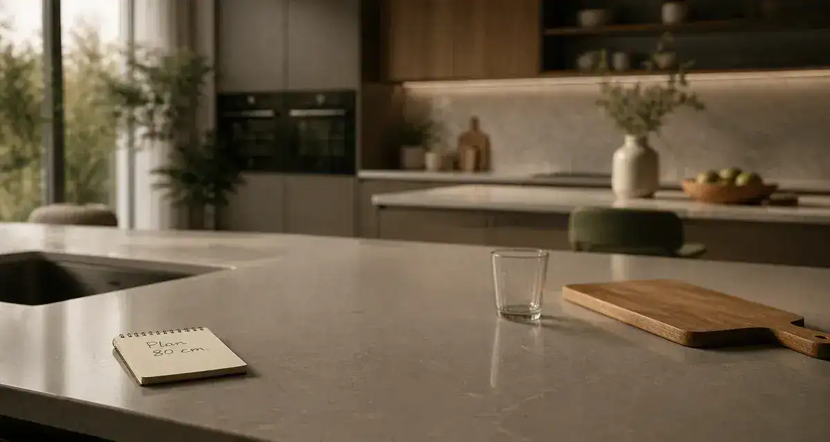Plan de travail 80 cm de profondeur en cuisine moderne, quartz et évier