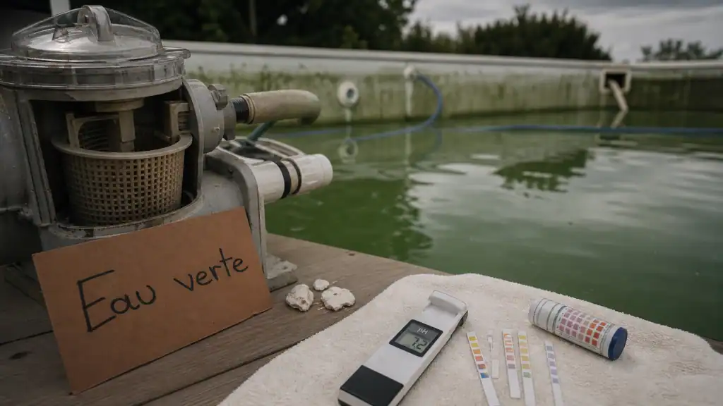 Produit miracle eau verte piscine : test pH et pompe de filtration