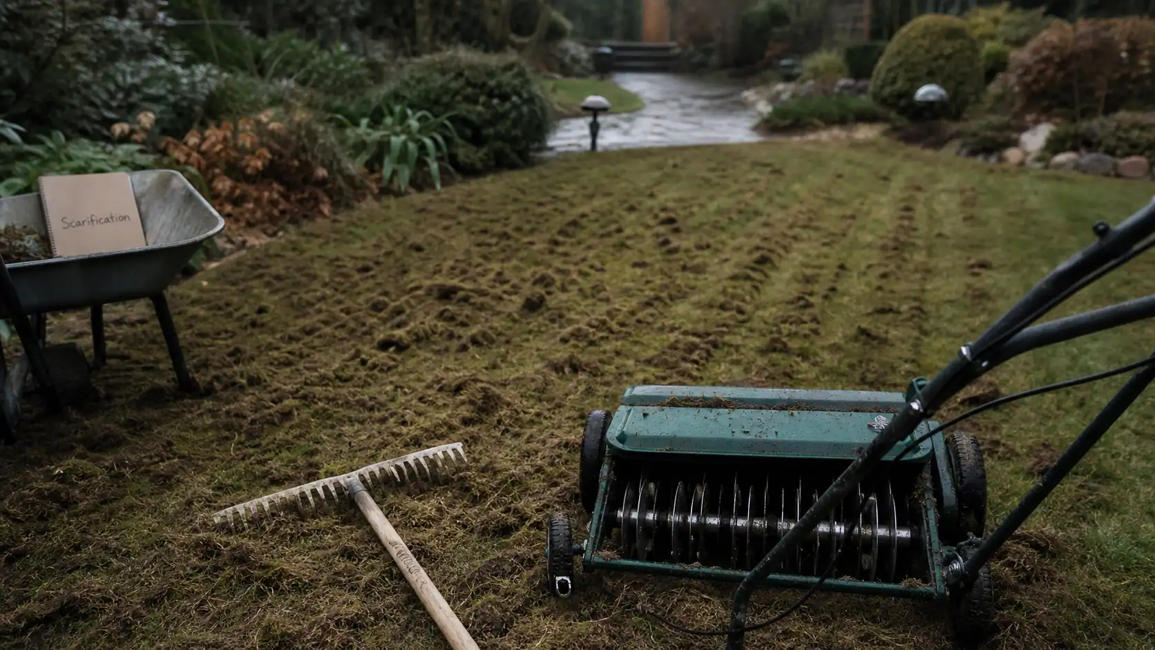 Quand scarifier pelouse : pelouse scarifiée avec mousse et chaume, guide d’entretien