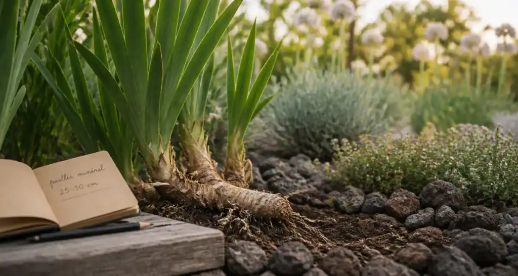 Que mettre au pied des iris : rhizome sur sol drainant, graviers pouzzolane