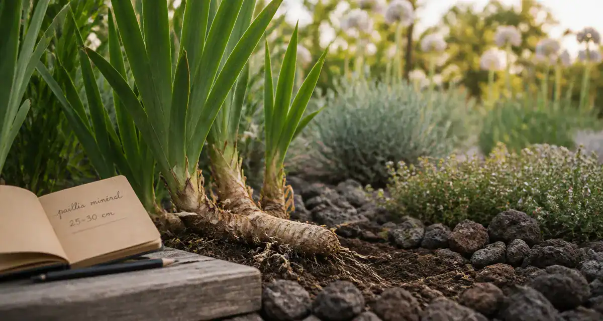 Que mettre au pied des iris : rhizome sur sol drainant, graviers pouzzolane