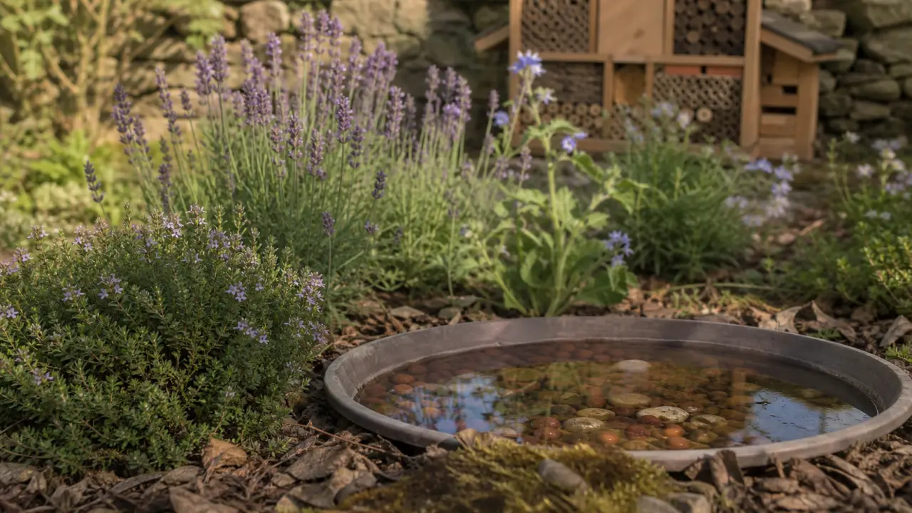 Attirer les pollinisateurs au jardin : hôtel à insectes, lavande et thym en fleurs