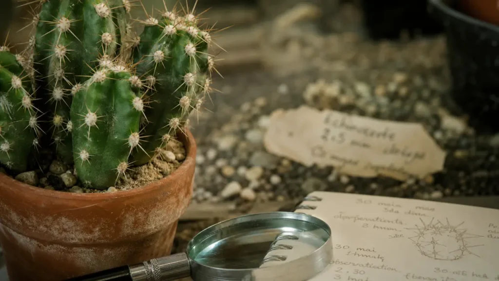 Cactaceae : gros plan des aréoles et épines d’un cactus en pot