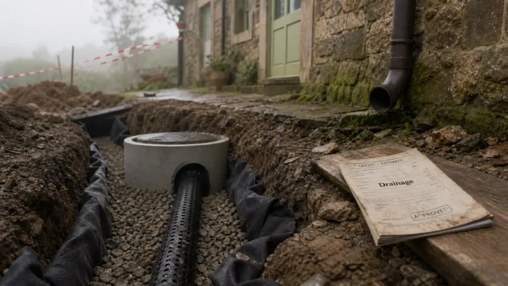 Drainage d’une maison ancienne : 25 à 40 € HT/m et la pente de 1 % à respecter