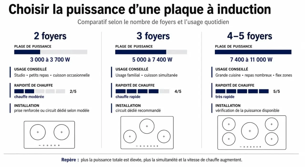 Plaque induction quelle puissance : infographie comparative des puissances selon le nombre de foyers et l’usage