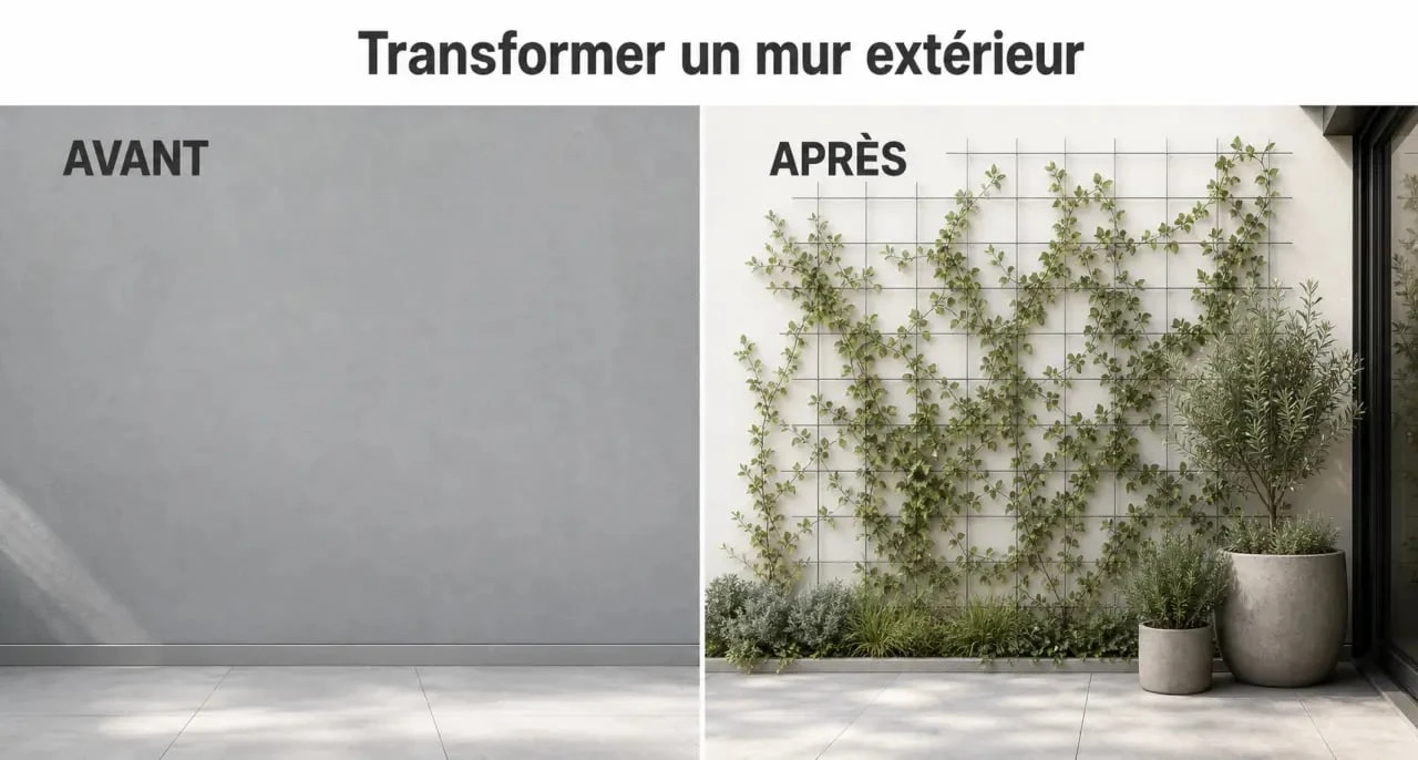 Comment habiller un mur extérieur : avant/après d’un mur nu transformé avec peinture, treillis et plantes grimpantes