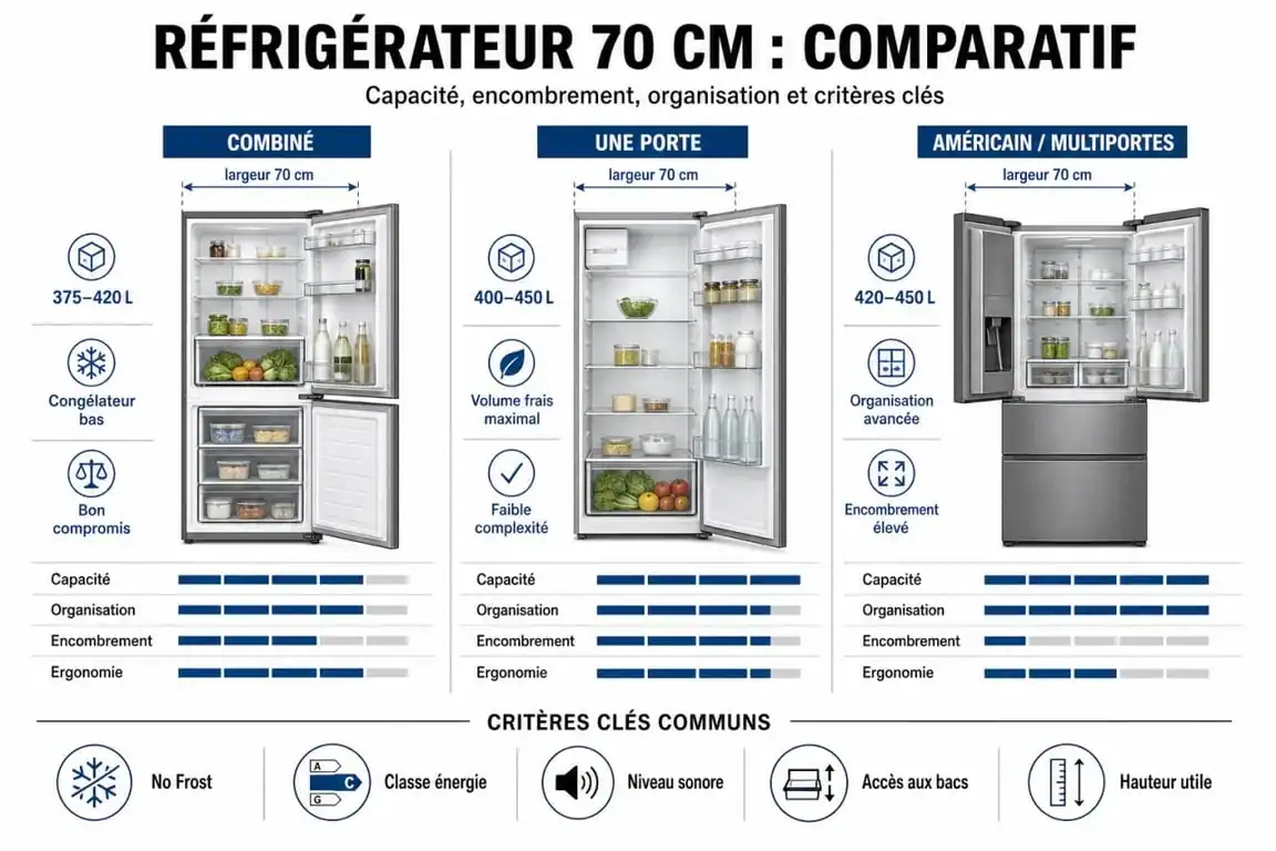 Comparatif du meilleur réfrigérateur 70 cm largeur entre combiné, une porte et américain