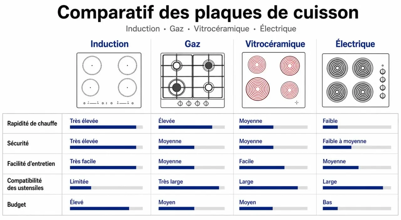 Meilleur plaque de cuisson : infographie comparative des technologies induction, gaz, vitrocéramique et électrique