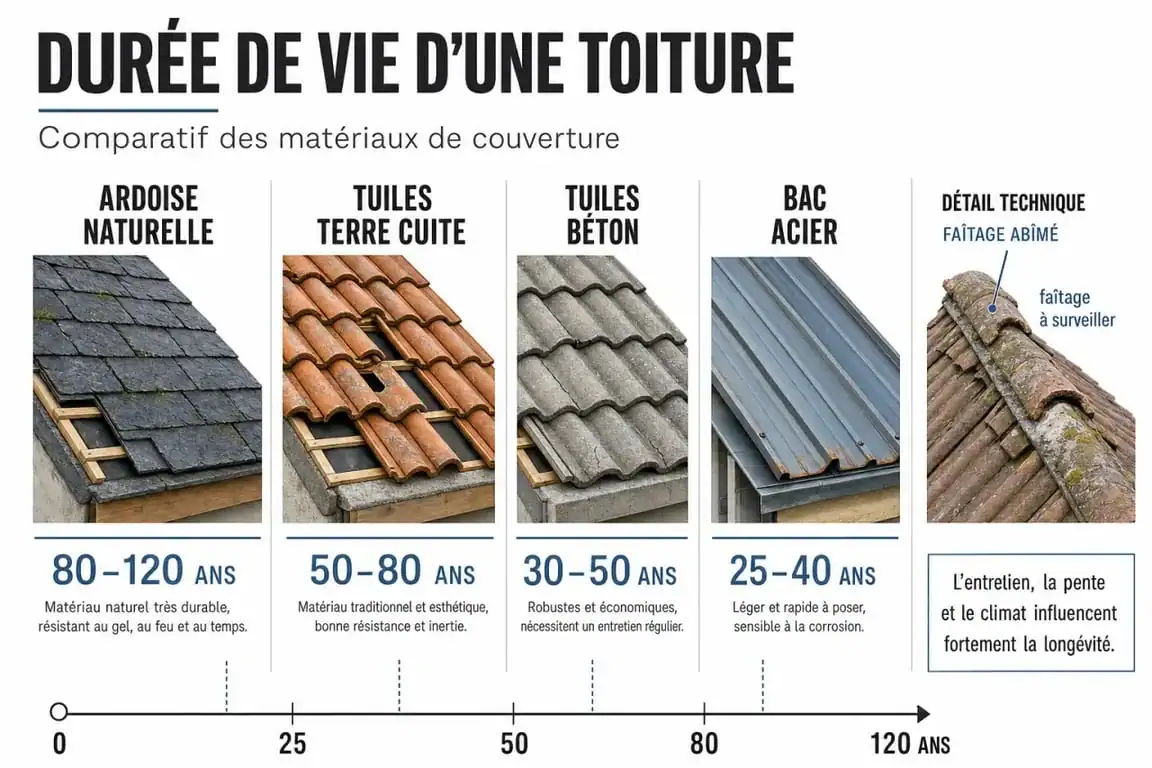 Durée de vie toiture : comparaison visuelle des matériaux et des signes d’usure