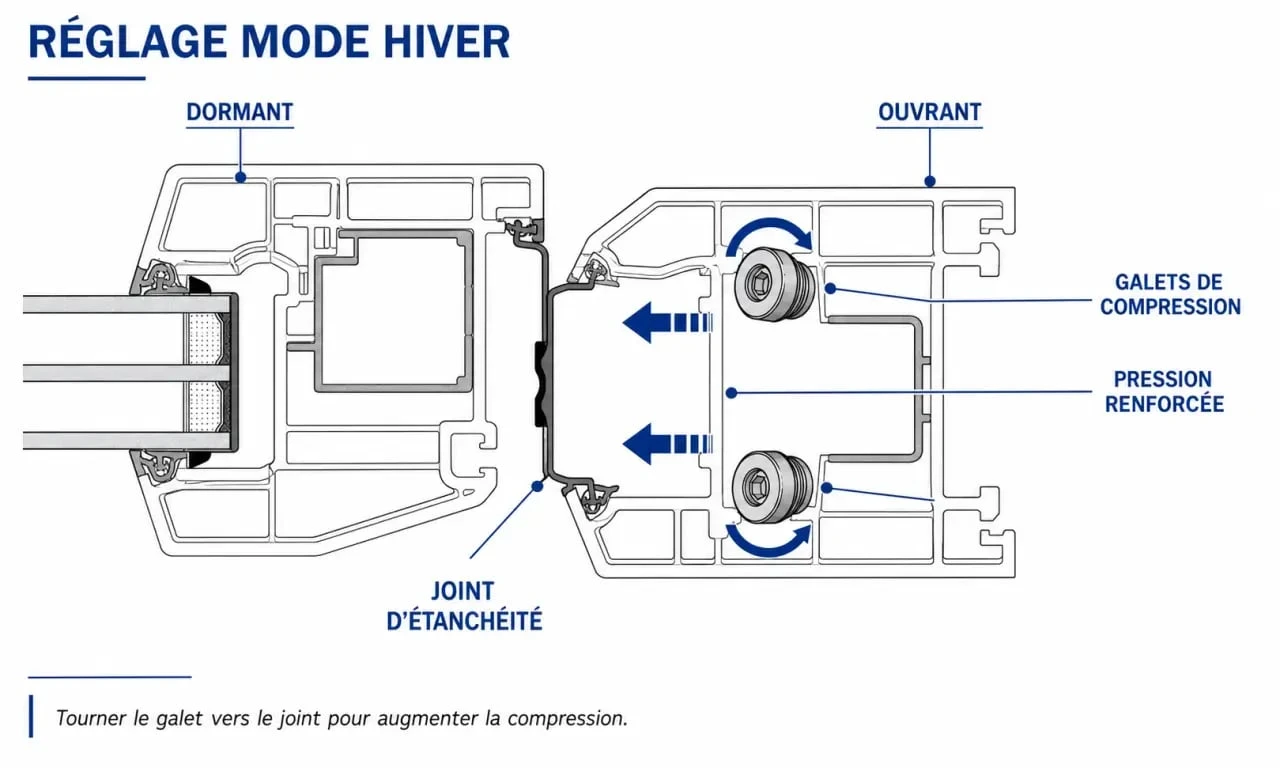 Mode hiver fenêtres : schéma d’une fenêtre avec ouvrant, dormant et galets de compression