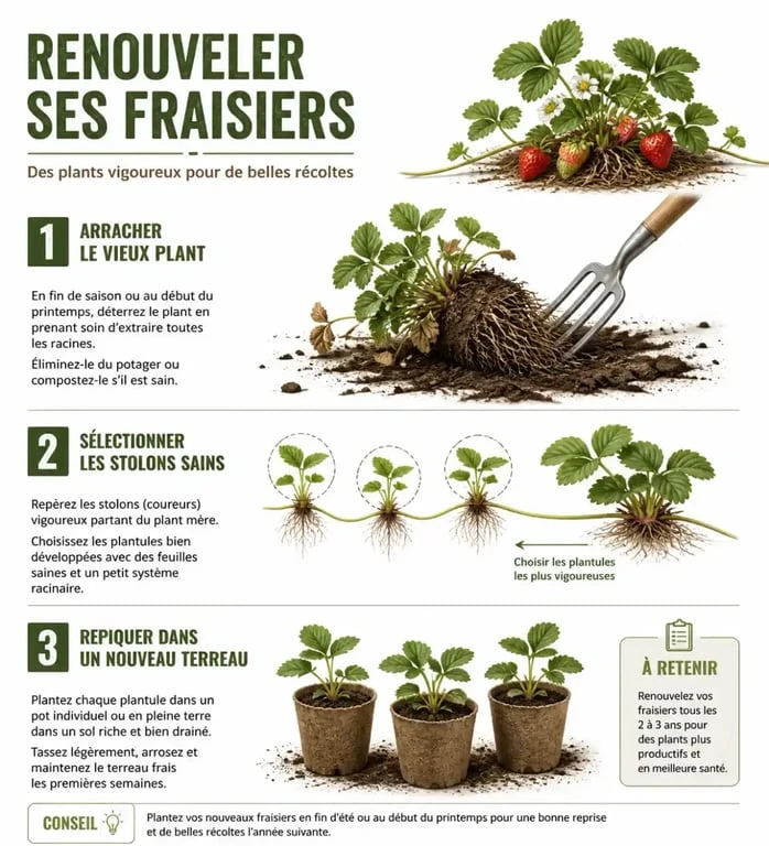 Étapes de renouvellement et multiplication des vieux fraisiers pour un potager productif