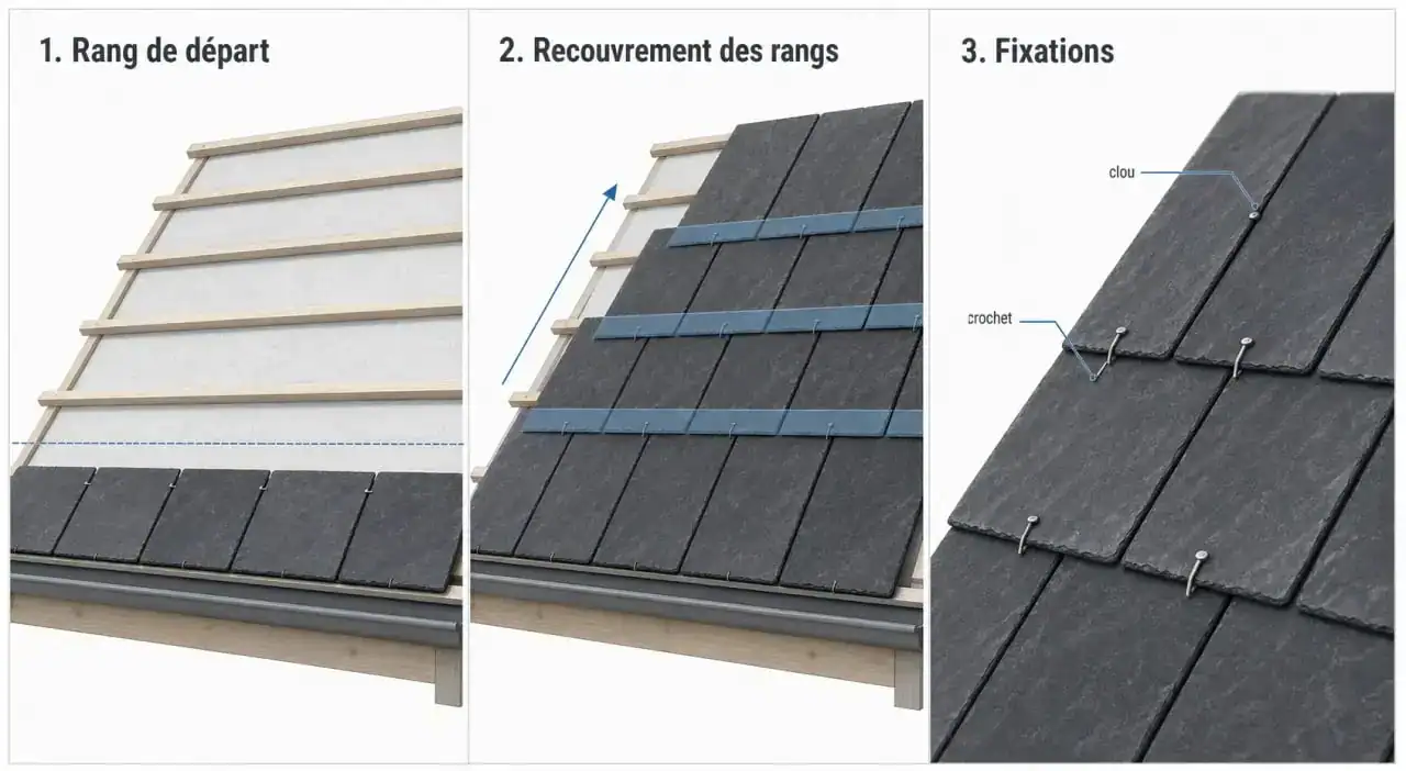 Schéma pose ardoise montrant les rangs, le recouvrement et les fixations sur toiture inclinée