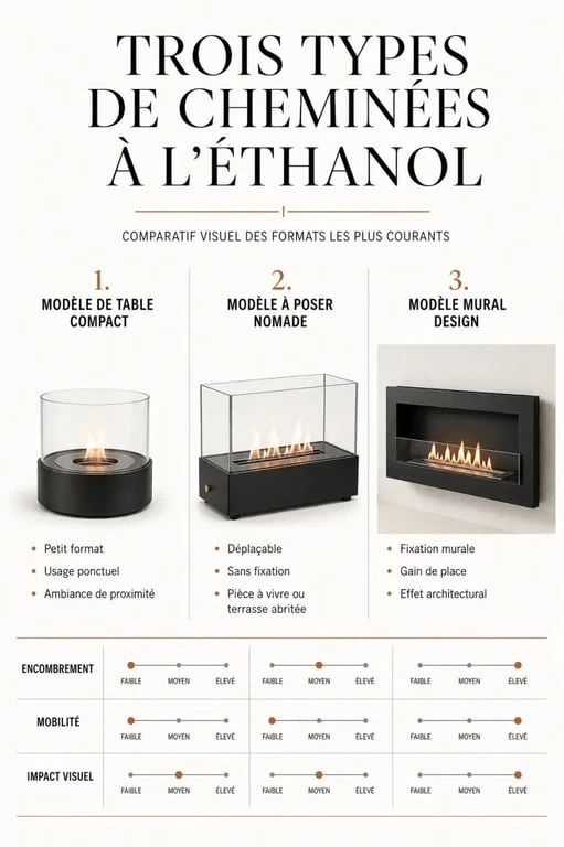 Différents types de cheminées à l'éthanol : modèles de table, muraux et nomades pour le chauffage d'appoint.