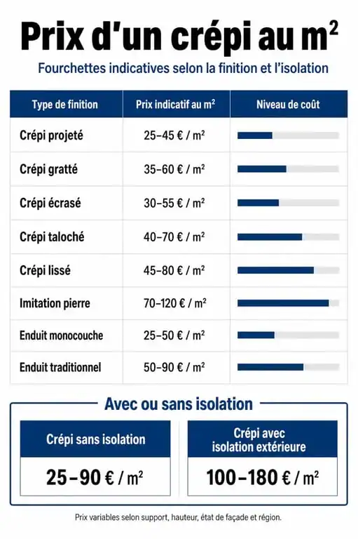 Infographie sur le crepi prix m2 avec les fourchettes de tarifs par type de finition et avec ou sans isolation