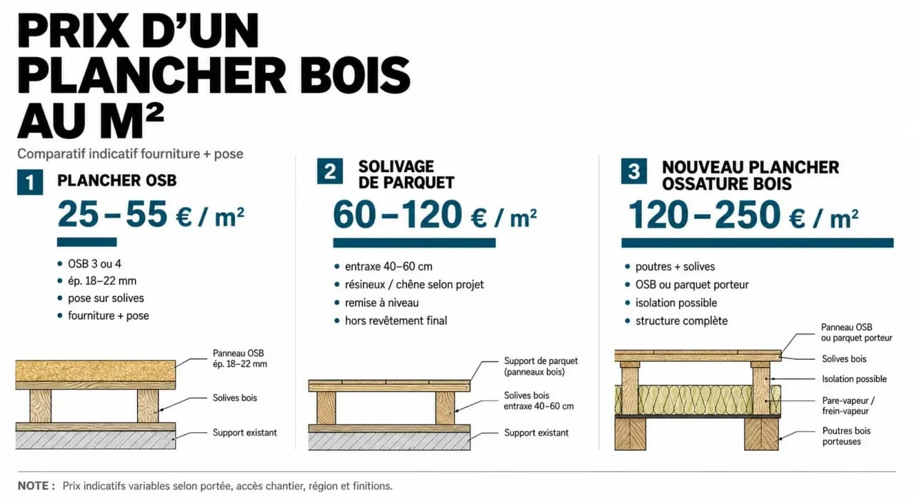 Prix plancher bois au m2 : comparaison visuelle des fourchettes de prix OSB, solivage et plancher en ossature bois