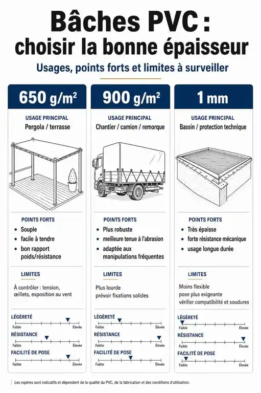 Infographie sur la bâche PVC : comparaison des grammages 650g/m², 900g/m² et 1 mm