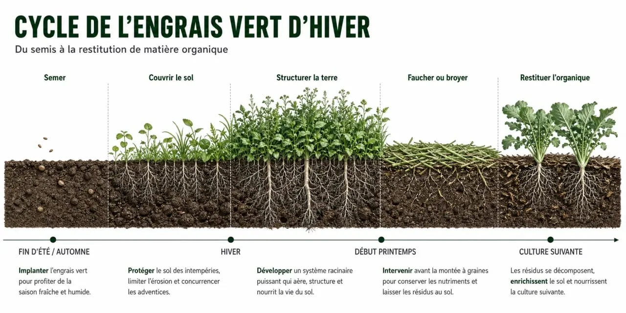Cycle de l’engrais vert hiver au potager, du semis à la restitution au printemps