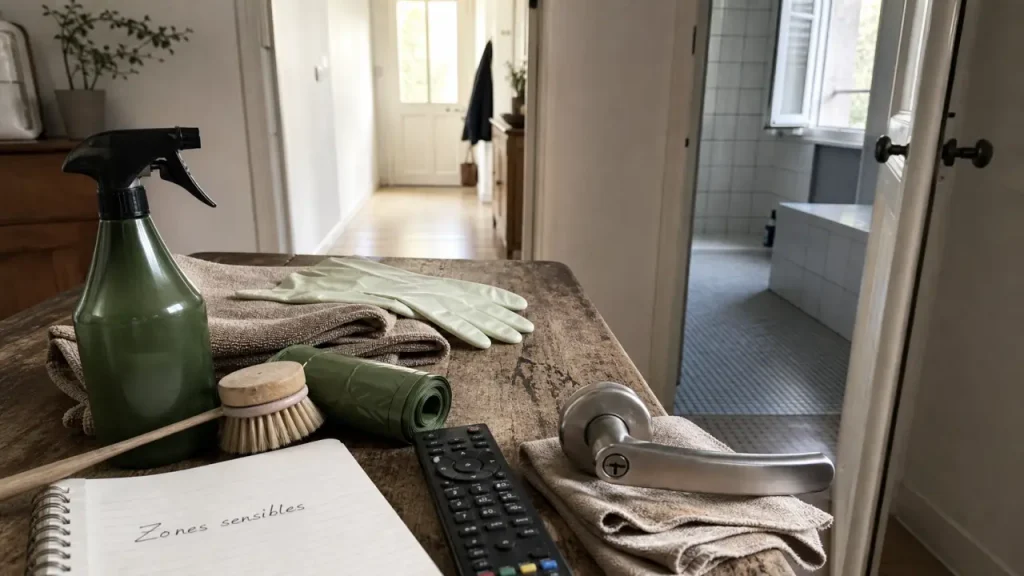 Entretien de la maison : kit de ménage et zones sensibles, poignée essuyée