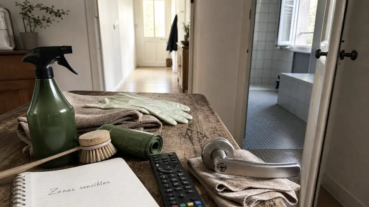 Entretien de la maison : kit de ménage et zones sensibles, poignée essuyée
