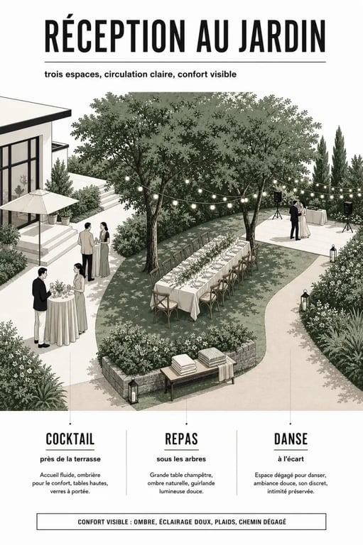 Organiser une réception champêtre réussie dans son jardin privé : plan visuel d’un jardin avec zones cocktail, repas et danse