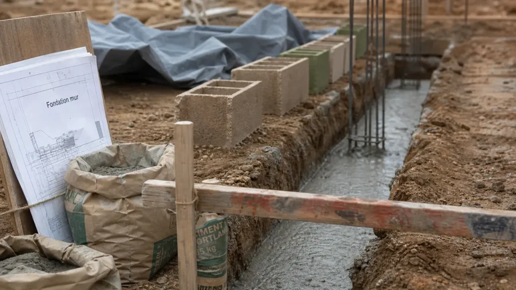 Fondation mur de cloture : semelle filante en bétonnage