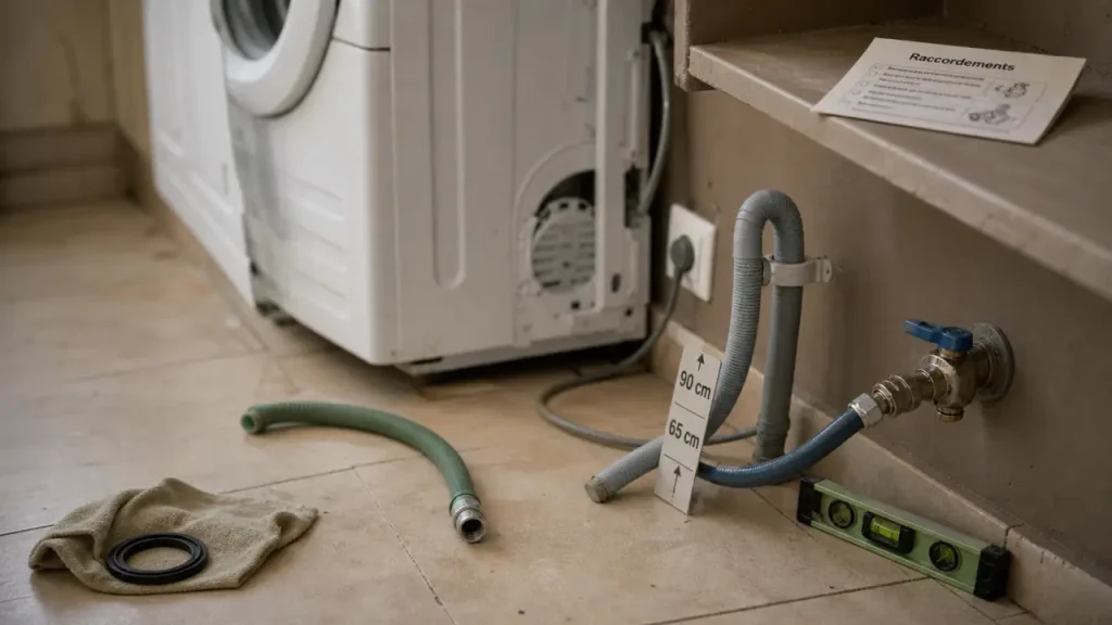 Lave linge branchement eau, évacuation et prise de terre sans fuite