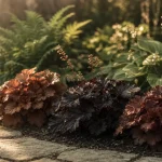 Les plus belles heuchères caramel, pourpres et argentées au jardin en mi-ombre