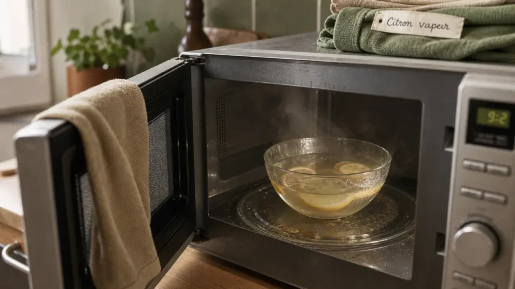 Nettoyage micro onde vapeur citron : résidus décollés et microfibre sur la porte