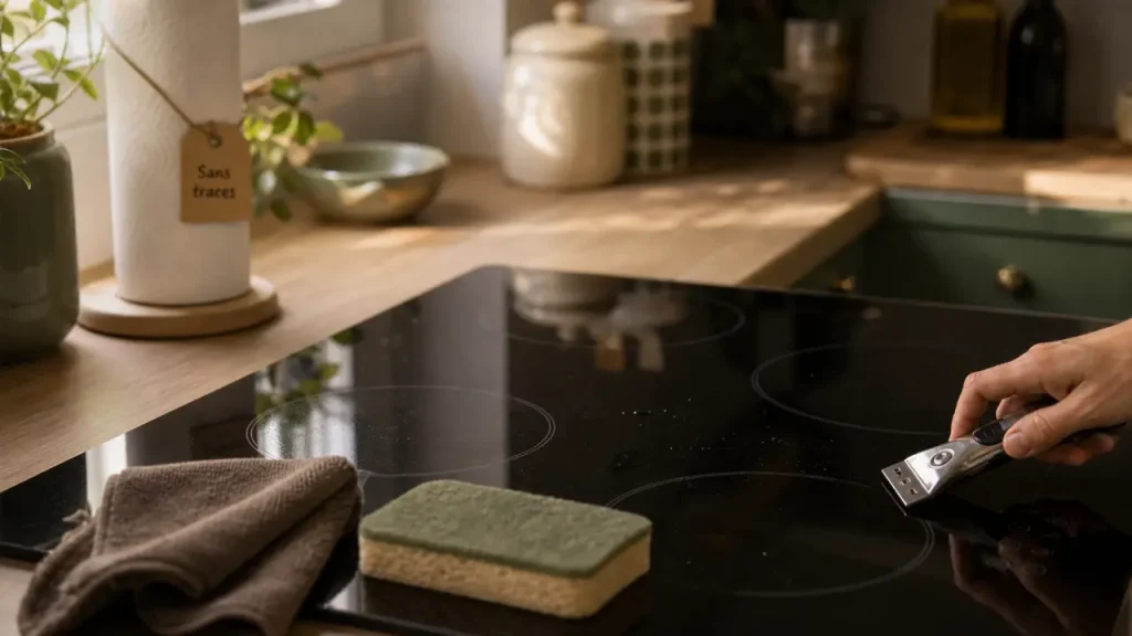 Nettoyage table induction : microfibre et grattoir, sans traces sur verre