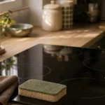 Nettoyage table induction : microfibre et grattoir, sans traces sur verre