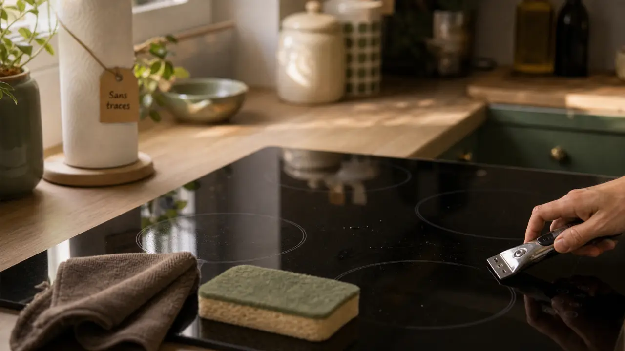 Nettoyage table induction : microfibre et grattoir, sans traces sur verre