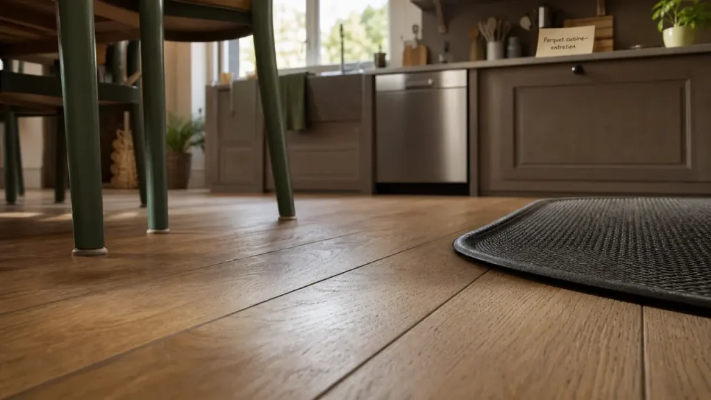 Parquet dans la cuisine : lames de chêne, autour de l’évier